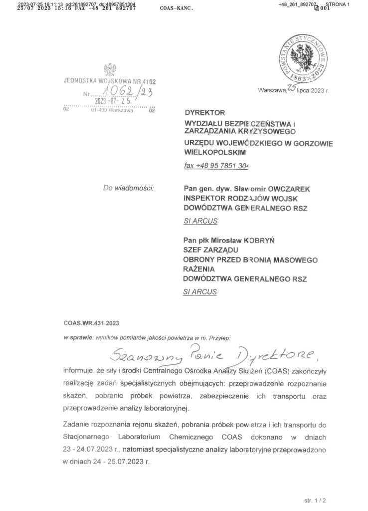 Zdjęcie badania jakości powietrza przeprowadzonych w dniach 23-24.07.2023 r.