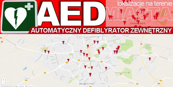 Zdjęcie mapy google z lokalizacjami defiblyratorów zewnętrznych AED