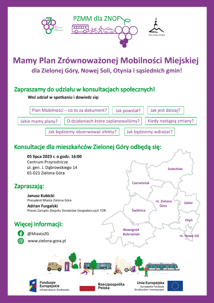 Plakat z informacjami o planie zrównoważonej mobilności miejskiej