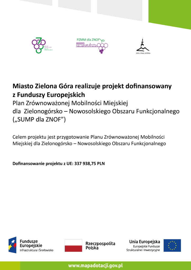 Plakat z informacją o dofinansowaniu projektu SUMP dla ZNOF z Funduszy Europejskich