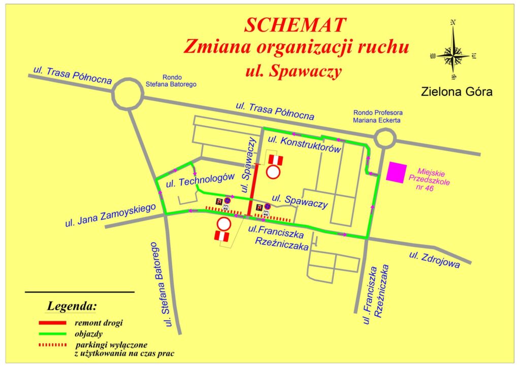 Schemat zmiany ruchu przy ul. Spawaczy